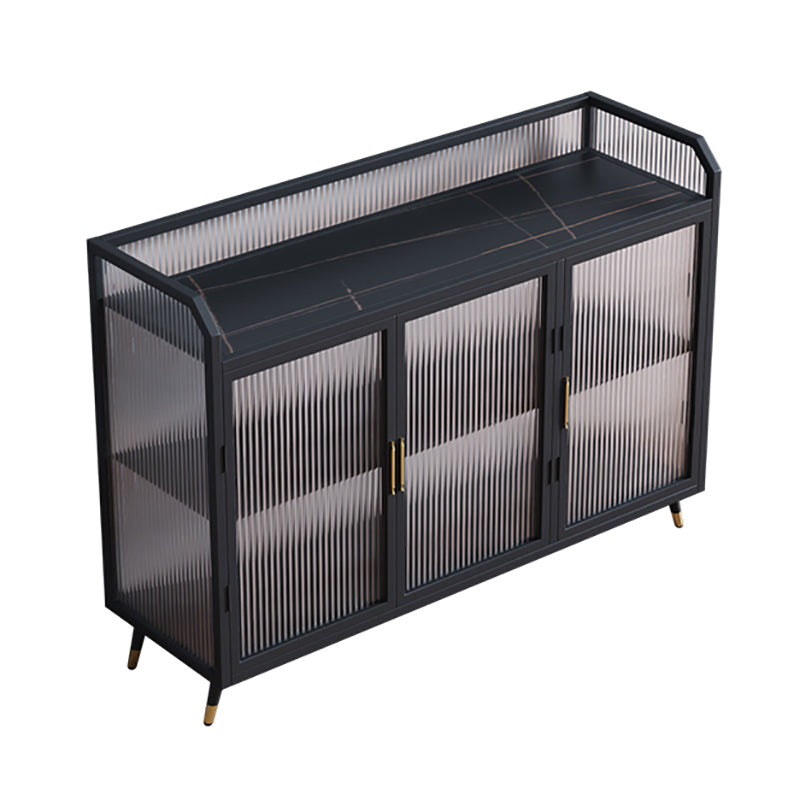 Glam Iron Sideboard Glass Doors Dining Server with Stone Countertop for Living Room 47"L x 14"W x 35"H Black Clearhalo 'buffet_sideboard' 'Buffets & Sideboards' 'furn' 'furn_buffet_sideboard' 'Furniture' 'furniture_buffet_sideboard' 'Kitchen & Dining Furniture' 4993660