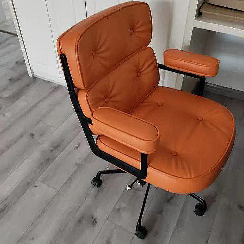 27.16" L x 25.98" W x 36.22" H Genuine Leather Arm Chair with Wheels for Bedroom Orange Black Clearhalo 'Accent Chairs' 'accent_chairs' 'Chairs & Seating' 'Furniture' 'furniture_accent_chairs' 'Living Room Furniture' 4993923