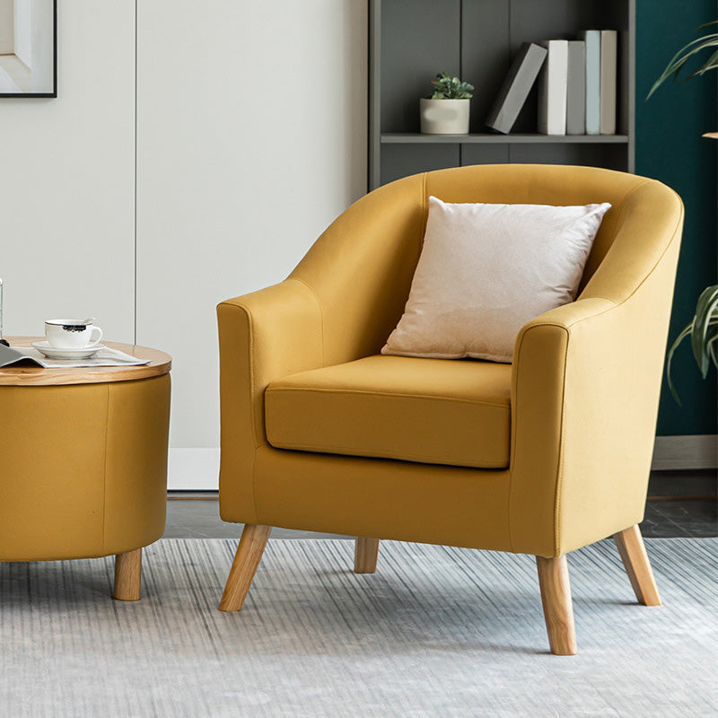 26.77" L * 27.55" W * 32.67" H Bonded Leather Barrel Accent Chair Sloped Arms Barrel Chair Light Yellow Clearhalo 'Accent Chairs' 'accent_chairs' 'Chairs & Seating' 'furn' 'furn_accent_chairs' 'Furniture' 'furniture_accent_chairs' 'Living Room Furniture' 4993952