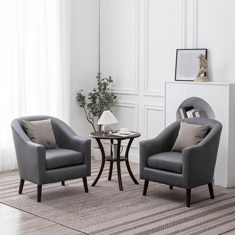 26.77" L * 27.55" W * 32.67" H Bonded Leather Barrel Accent Chair Sloped Arms Barrel Chair Clearhalo 'Accent Chairs' 'accent_chairs' 'Chairs & Seating' 'furn' 'furn_accent_chairs' 'Furniture' 'furniture_accent_chairs' 'Living Room Furniture' 4993955