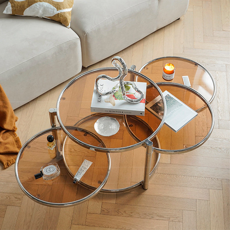 Round with Metal Accents Coffee Table Extendable Modern Glass Cocktail Table Brown Clearhalo 'Coffee & Accent Tables' 'Coffee Tables' 'coffee_tables' 'furn' 'furn_coffee_tables' 'Furniture' 'furniture_coffee_tables' 'Living Room Furniture' 5001012