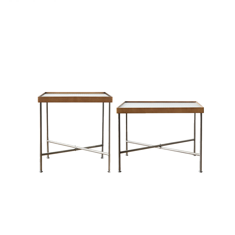 Scandinavian Glass Coffee Table with Wood Accents Cross Legs Cocktail Table 24"L x 20"W x 18"H + 19"L x 15"W x 20"H Clear Clearhalo 'Coffee & Accent Tables' 'Coffee Tables' 'coffee_tables' 'furn' 'furn_coffee_tables' 'Furniture' 'furniture_coffee_tables' 'Living Room Furniture' 5001372