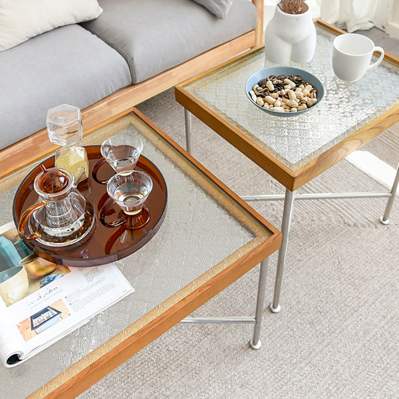 Scandinavian Glass Coffee Table with Wood Accents Cross Legs Cocktail Table Clearhalo 'Coffee & Accent Tables' 'Coffee Tables' 'coffee_tables' 'furn' 'furn_coffee_tables' 'Furniture' 'furniture_coffee_tables' 'Living Room Furniture' 5001381