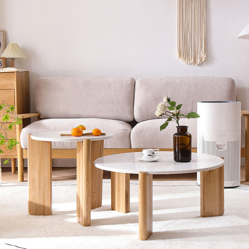 Modern White Round Coffee Table with Three Wood Legs Coffee Table 30"L x 30"W x 14"H + 20"L x 20"W x 20"H Terrazzo Clearhalo 'Coffee & Accent Tables' 'Coffee Tables' 'coffee_tables' 'furn' 'furn_coffee_tables' 'Furniture' 'furniture_coffee_tables' 'Living Room Furniture' 5001629