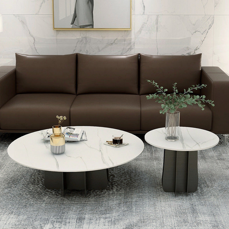 Contemporary Round Stone Pedestal Coffee Cocktail Table - 13.8''/15''/17.7'' H 31.5"L x 31.5"W x 14"H + 24"L x 24"W x 18"H Clearhalo 'Coffee & Accent Tables' 'Coffee Tables' 'coffee_tables' 'furn' 'furn_coffee_tables' 'Furniture' 'furniture_coffee_tables' 'Living Room Furniture' 5001703