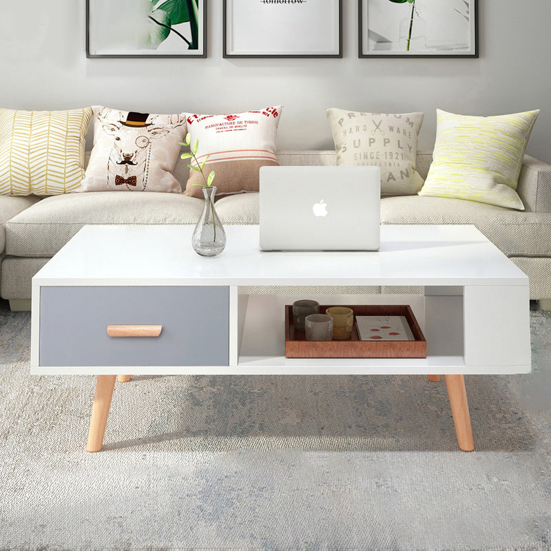 Modern 4 Legs Cocktail Table Wood 1 Single Coffee Table with Drawers White-Gray 1 Clearhalo 'Coffee & Accent Tables' 'Coffee Tables' 'coffee_tables' 'furn' 'furn_coffee_tables' 'Furniture' 'furniture_coffee_tables' 'Living Room Furniture' 5001726