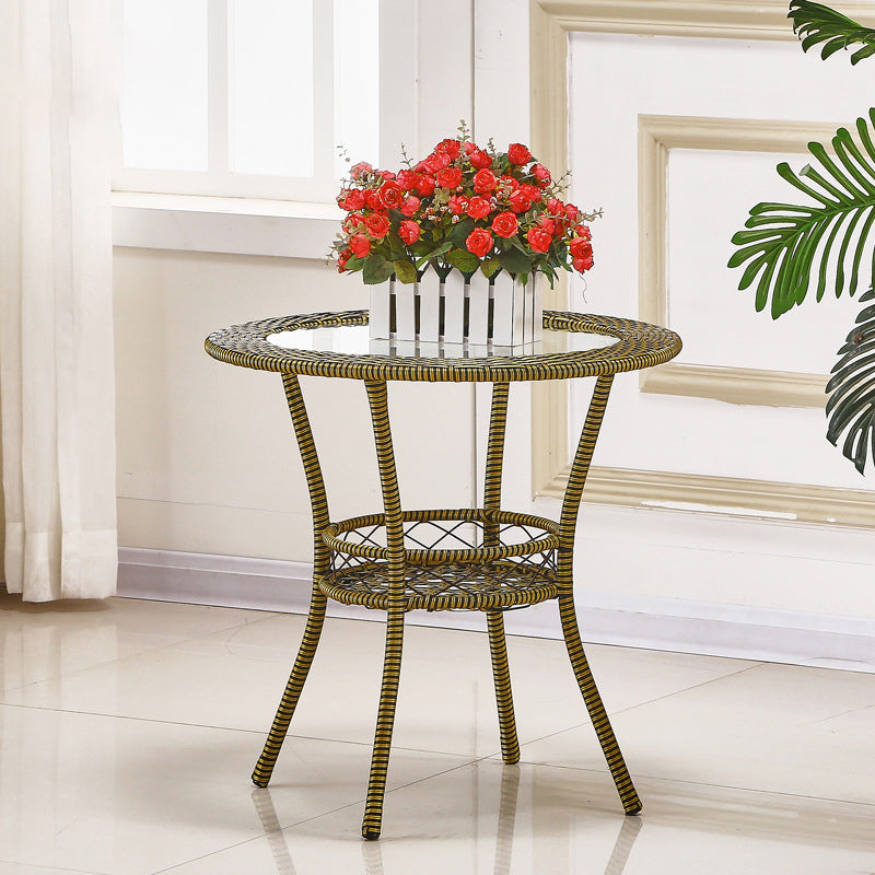 Tropical Glass Top 4 Legs Cocktail Table with Shelf Round Coffee Table Wicker & Rattan Bronze Clearhalo 'Coffee & Accent Tables' 'Coffee Tables' 'coffee_tables' 'furn' 'furn_coffee_tables' 'Furniture' 'furniture_coffee_tables' 'Living Room Furniture' 5001811