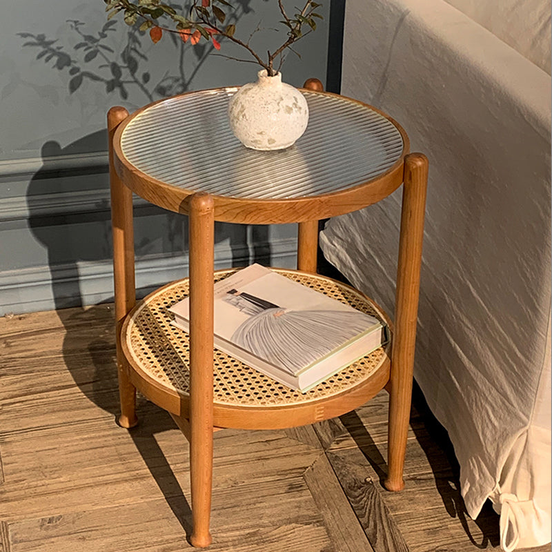 Modern Wood 4 Legs 1 Coffee Table with Shelf Round Glass Table 18"L x 18"W x 24"H Walnut Clearhalo 'Coffee & Accent Tables' 'Coffee Tables' 'coffee_tables' 'furn' 'furn_coffee_tables' 'Furniture' 'furniture_coffee_tables' 'Living Room Furniture' 5001927