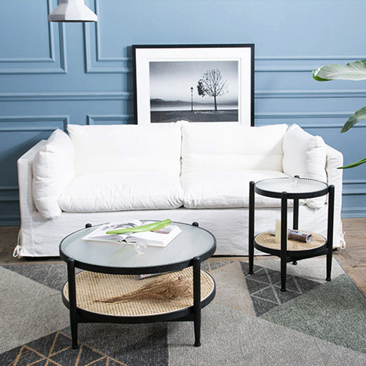 Modern Wood 4 Legs 1 Coffee Table with Shelf Round Glass Table Clearhalo 'Coffee & Accent Tables' 'Coffee Tables' 'coffee_tables' 'furn' 'furn_coffee_tables' 'Furniture' 'furniture_coffee_tables' 'Living Room Furniture' 5001929