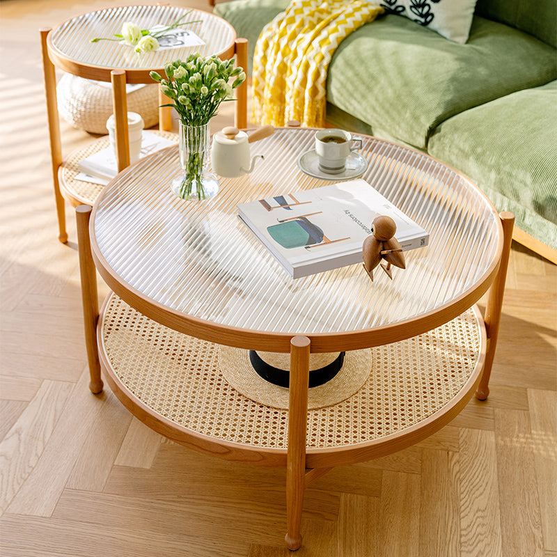 Modern Wood 4 Legs 1 Coffee Table with Shelf Round Glass Table 31.5"L x 31.5"W x 17.7"H Natural Clearhalo 'Coffee & Accent Tables' 'Coffee Tables' 'coffee_tables' 'furn' 'furn_coffee_tables' 'Furniture' 'furniture_coffee_tables' 'Living Room Furniture' 5001930