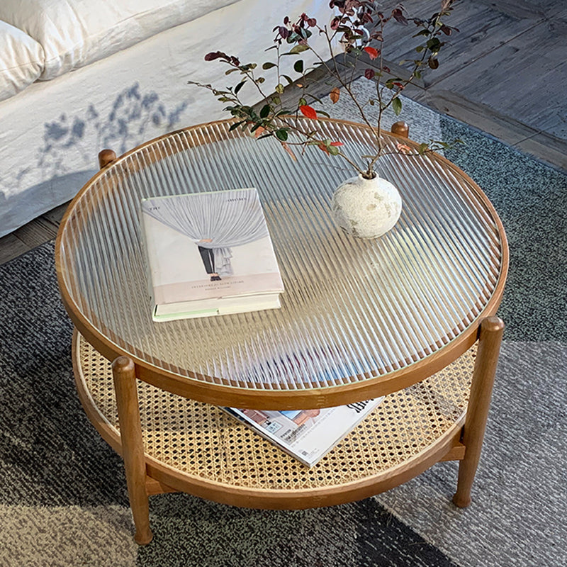 Modern Wood 4 Legs 1 Coffee Table with Shelf Round Glass Table Clearhalo 'Coffee & Accent Tables' 'Coffee Tables' 'coffee_tables' 'furn' 'furn_coffee_tables' 'Furniture' 'furniture_coffee_tables' 'Living Room Furniture' 5001940