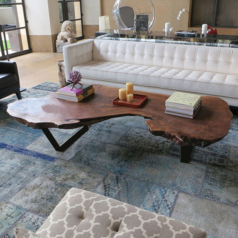 Modern Live Edge Coffee Table Geometric Red Wood Sled Cocktail Table 59"L x 27.5"W x 18"H Clearhalo 'Coffee & Accent Tables' 'Coffee Tables' 'coffee_tables' 'furn' 'furn_coffee_tables' 'Furniture' 'furniture_coffee_tables' 'Living Room Furniture' 5001945