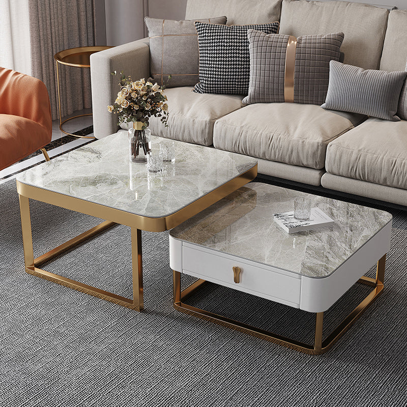 Gold Frame Metal Iron Base Design with Drawer Square Coffee Table 27.5"L x 27.5"W x 16.5"H + 24"L x 24"W x 14"H Gray Clearhalo 'Coffee & Accent Tables' 'Coffee Tables' 'coffee_tables' 'furn' 'furn_coffee_tables' 'Furniture' 'furniture_coffee_tables' 'Living Room Furniture' 5001958