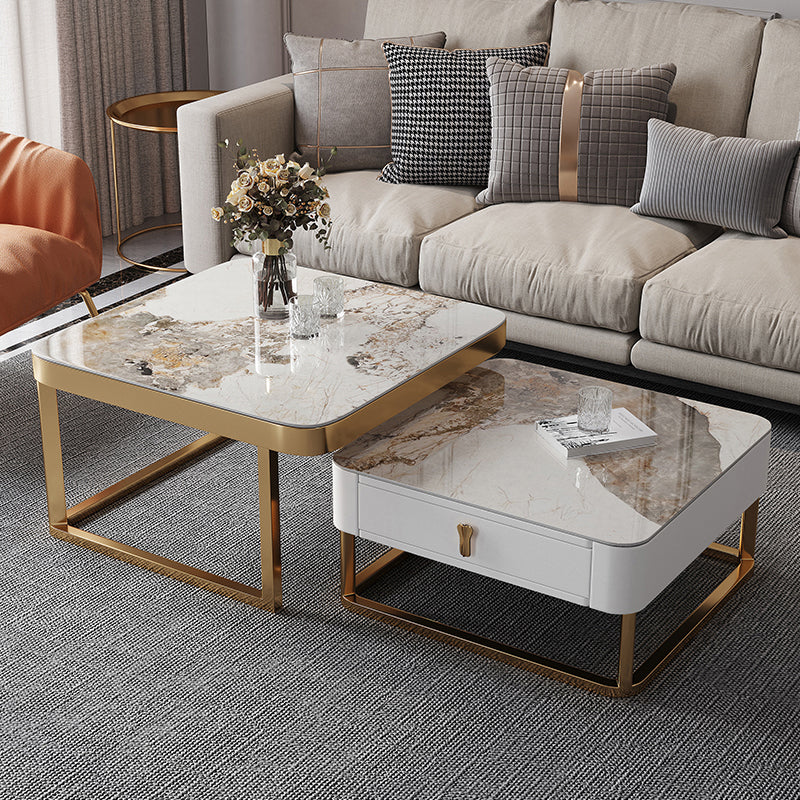 Gold Frame Metal Iron Base Design with Drawer Square Coffee Table Clearhalo 'Coffee & Accent Tables' 'Coffee Tables' 'coffee_tables' 'furn' 'furn_coffee_tables' 'Furniture' 'furniture_coffee_tables' 'Living Room Furniture' 5001959
