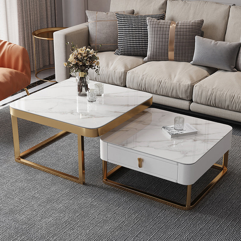 Gold Frame Metal Iron Base Design with Drawer Square Coffee Table 27.5"L x 27.5"W x 16.5"H + 24"L x 24"W x 14"H Beige Clearhalo 'Coffee & Accent Tables' 'Coffee Tables' 'coffee_tables' 'furn' 'furn_coffee_tables' 'Furniture' 'furniture_coffee_tables' 'Living Room Furniture' 5001960