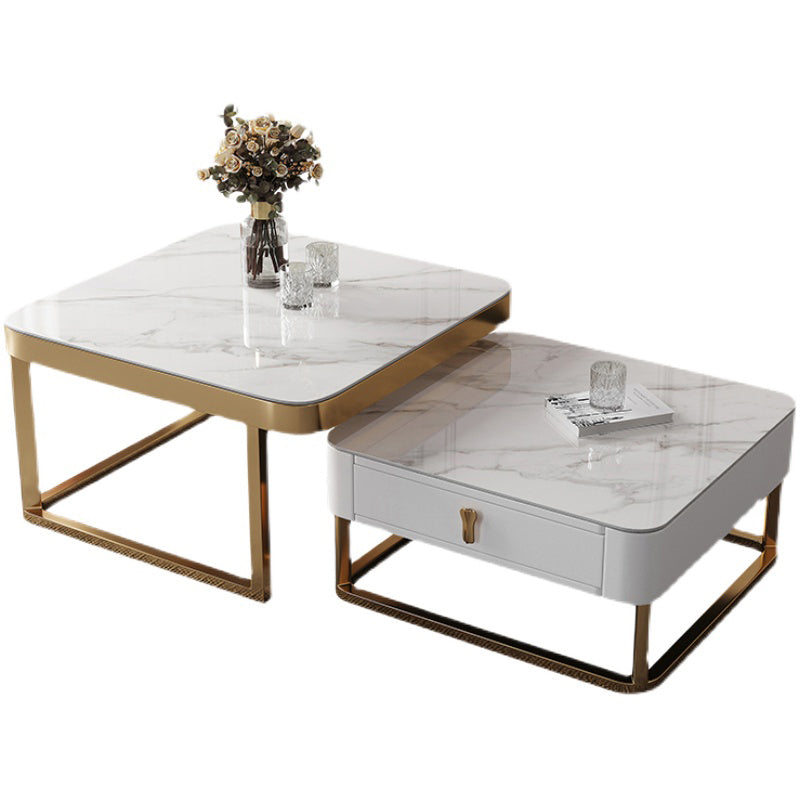 Gold Frame Metal Iron Base Design with Drawer Square Coffee Table Clearhalo 'Coffee & Accent Tables' 'Coffee Tables' 'coffee_tables' 'furn' 'furn_coffee_tables' 'Furniture' 'furniture_coffee_tables' 'Living Room Furniture' 5001962