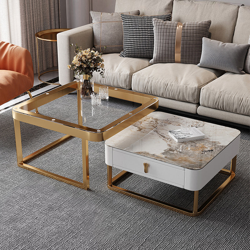 Gold Frame Metal Iron Base Design with Drawer Square Coffee Table Gloss White Clearhalo 'Coffee & Accent Tables' 'Coffee Tables' 'coffee_tables' 'furn' 'furn_coffee_tables' 'Furniture' 'furniture_coffee_tables' 'Living Room Furniture' 5001963
