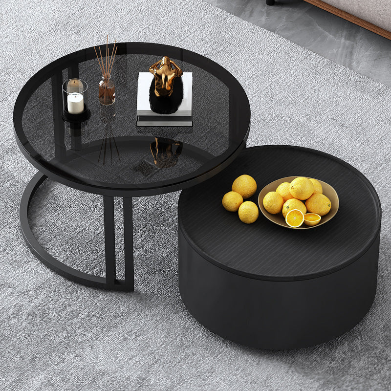 Modern Style Wooden&tempered Glass Top Circular Nested Coffee Table 28"L x 28"W x 17"H + 20"L x 20"W x 12"H Black Black Clearhalo 'Coffee & Accent Tables' 'Coffee Tables' 'coffee_tables' 'furn' 'furn_coffee_tables' 'Furniture' 'furniture_coffee_tables' 'Living Room Furniture' 5002009