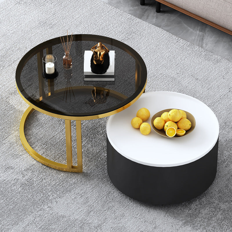 Modern Style Wooden&tempered Glass Top Circular Nested Coffee Table 28"L x 28"W x 17"H + 20"L x 20"W x 12"H Black White Clearhalo 'Coffee & Accent Tables' 'Coffee Tables' 'coffee_tables' 'furn' 'furn_coffee_tables' 'Furniture' 'furniture_coffee_tables' 'Living Room Furniture' 5002014