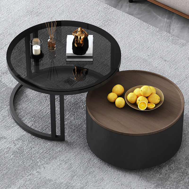 Modern Style Wooden&tempered Glass Top Circular Nested Coffee Table 28"L x 28"W x 17"H + 20"L x 20"W x 12"H Black Walnut Clearhalo 'Coffee & Accent Tables' 'Coffee Tables' 'coffee_tables' 'furn' 'furn_coffee_tables' 'Furniture' 'furniture_coffee_tables' 'Living Room Furniture' 5002020