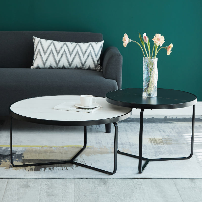 Modern Style Slate Top White/black Metal Craft Round Coffee Table Black White Black Clearhalo 'Coffee & Accent Tables' 'Coffee Tables' 'coffee_tables' 'furn' 'furn_coffee_tables' 'Furniture' 'Living Room Furniture' 5002029_e18e5de3-8c8e-4ab3-99da-7b5c3eec73e9