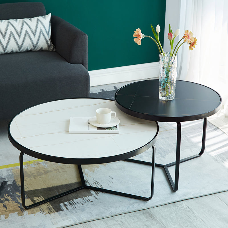 Modern Style Slate Top White/black Metal Craft Round Coffee Table 24"L x 24"W x 14"H + 18"L x 18"W x 18"H Black White Black Clearhalo 'Coffee & Accent Tables' 'Coffee Tables' 'coffee_tables' 'furn' 'furn_coffee_tables' 'Furniture' 'Living Room Furniture' 5002036_a8c99a2b-91b3-4712-ba13-0798b251920d