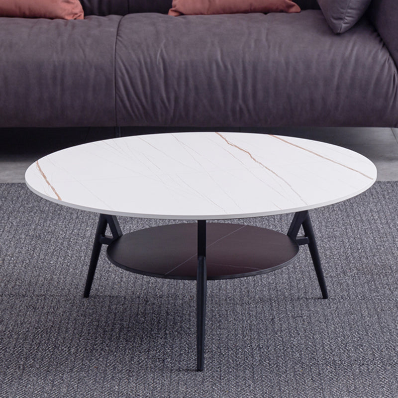 Modern Slate Trestle Coffee Table with Storage Round Cocktail Table in Grey 35.5"L x 35.5"W x 16.5"H Clearhalo 'Coffee & Accent Tables' 'Coffee Tables' 'coffee_tables' 'furn' 'furn_coffee_tables' 'Furniture' 'furniture_coffee_tables' 'Living Room Furniture' 5002154