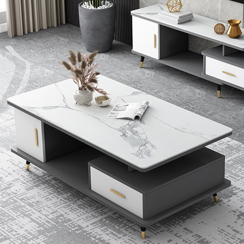 4 Legs Base Design Wood-based Material Square Grey/white Coffee Table 52"L x 28"W x 18"H Glass & Stone White Grey Clearhalo 'Coffee & Accent Tables' 'Coffee Tables' 'coffee_tables' 'furn' 'furn_coffee_tables' 'Furniture' 'furniture_coffee_tables' 'Living Room Furniture' 5002182