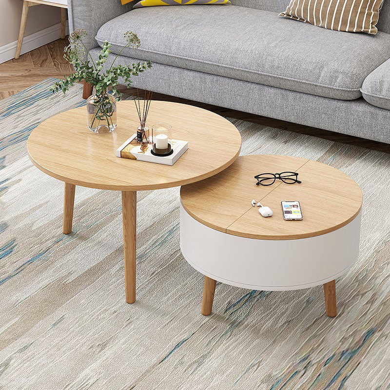 Round Solid Wood 3 Legs Coffee Table with Storage Drawers Modern Cocktail Table Natural Wood White Clearhalo 'Coffee & Accent Tables' 'Coffee Tables' 'coffee_tables' 'furn' 'furn_coffee_tables' 'Furniture' 'furniture_coffee_tables' 'Living Room Furniture' 5002206