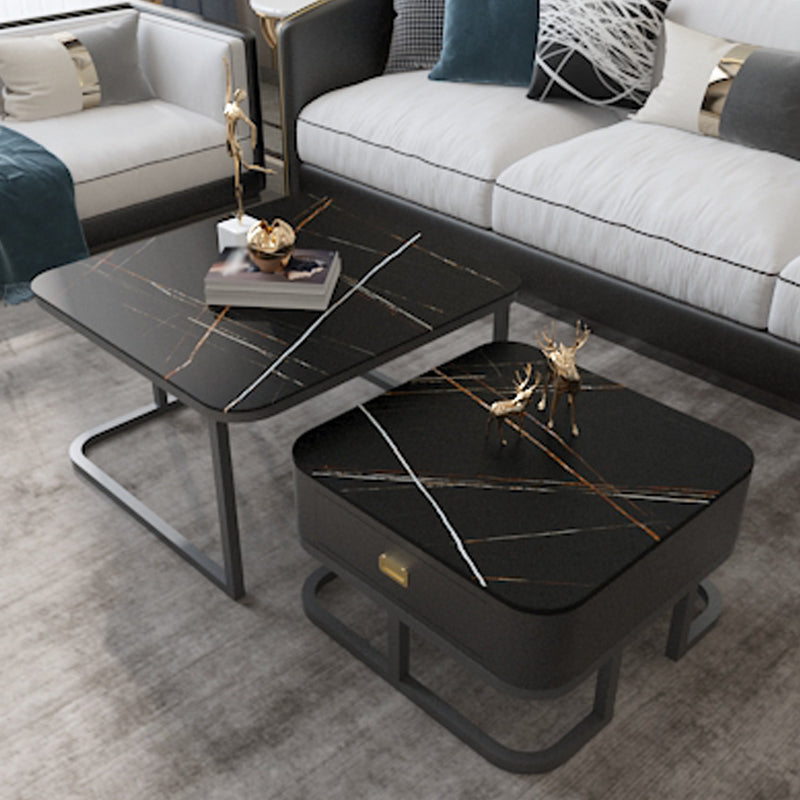 Round Slate/ Glass Coffee Table Frame 2 Nesting Cocktail Table with Storage Black Clearhalo 'Coffee & Accent Tables' 'Coffee Tables' 'coffee_tables' 'furn' 'furn_coffee_tables' 'Furniture' 'furniture_coffee_tables' 'Living Room Furniture' 5002340