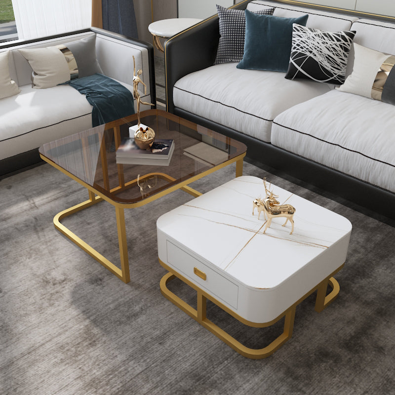 Round Slate/ Glass Coffee Table Frame 2 Nesting Cocktail Table with Storage Gold Brown Clearhalo 'Coffee & Accent Tables' 'Coffee Tables' 'coffee_tables' 'furn' 'furn_coffee_tables' 'Furniture' 'furniture_coffee_tables' 'Living Room Furniture' 5002352