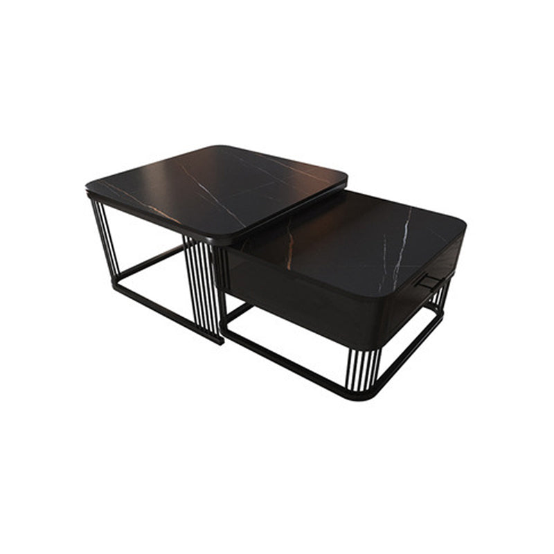 Square Slate Top Coffee Table with Drawers Frame Base 2 Nestling Cocktail Table 28"L x 28"W x 18"H + 24"L x 24"W x 16"H Black Gold Clearhalo 'Coffee & Accent Tables' 'Coffee Tables' 'coffee_tables' 'furn' 'furn_coffee_tables' 'Furniture' 'furniture_coffee_tables' 'Living Room Furniture' 5002368