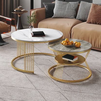 Round White Slate Coffee Table with Shelf Frame Base 2 Nestling Cocktail Table Gold Beige Clearhalo 'Coffee & Accent Tables' 'Coffee Tables' 'coffee_tables' 'furn' 'furn_coffee_tables' 'Furniture' 'furniture_coffee_tables' 'Living Room Furniture' 5002377