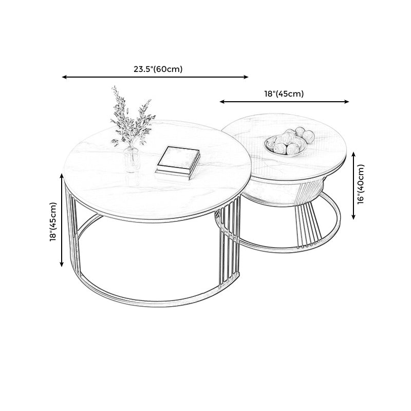 Round White Slate Coffee Table with Shelf Frame Base 2 Nestling Cocktail Table Clearhalo 'Coffee & Accent Tables' 'Coffee Tables' 'coffee_tables' 'furn' 'furn_coffee_tables' 'Furniture' 'furniture_coffee_tables' 'Living Room Furniture' 5002388