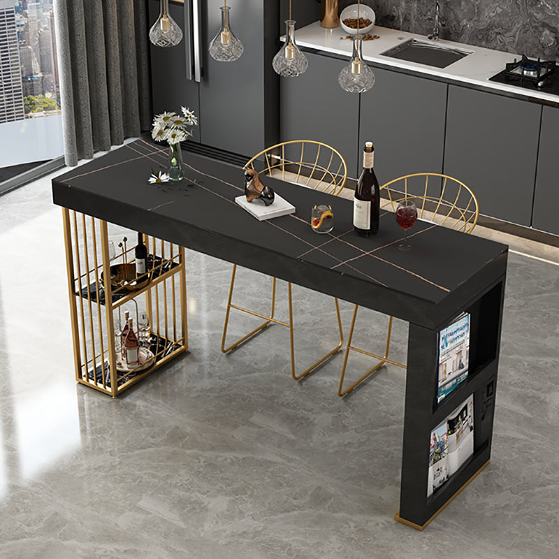 Dining Room Bistro Bar Height Cocktail Table Double pedestal Stone Counter Table Black Gold Without Chairs Clearhalo 'Bar Furniture' 'Bar Tables' 'bar_tables' 'furn' 'furn_bar_tables' 'Furniture' 'furniture_bar_tables' 'Kitchen & Dining Furniture' 5002520