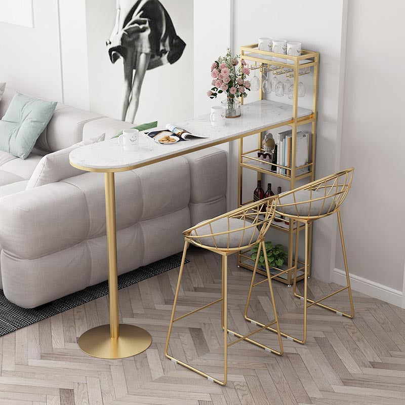 Glam Style Bar Table 42-inch Height Artificial Marble Top and Iron Pedestal Pub Table 70.9"L x 15.7"W x 41.3"H White-Gold Without Chairs Clearhalo 'Bar Furniture' 'Bar Tables' 'bar_tables' 'furn' 'furn_bar_tables' 'Furniture' 'furniture_bar_tables' 'Kitchen & Dining Furniture' 5002597