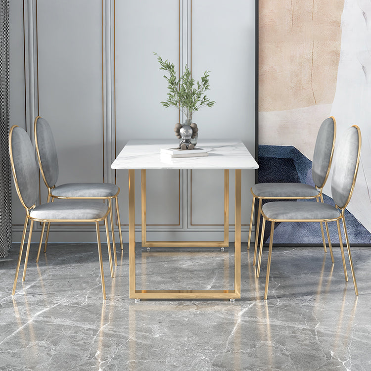 Glam Iron Dining Table Set 1/2/5 Pieces Rectangle White Sintered Stone Top Dinette Set 5 Pieces: Table, 4 Grey Chairs Clearhalo 'Dining Room Sets' 'Dining Tables & Seating' 'dining_room_set' 'furn' 'furn_dining_room_set' 'Furniture' 'furniture_dining_room_set' 'Kitchen & Dining Furniture' 5003737