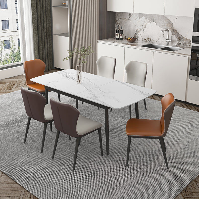 Modern Rectangle Stone Dining Table Set 1/4/5/7 Pieces Dining Set for Home Use 7 Pieces: Table, 2 Orange+4 Beige Chairs Clearhalo 'Dining Room Sets' 'Dining Tables & Seating' 'dining_room_set' 'furn' 'furn_dining_room_set' 'Furniture' 'furniture_dining_room_set' 'Kitchen & Dining Furniture' 5003757