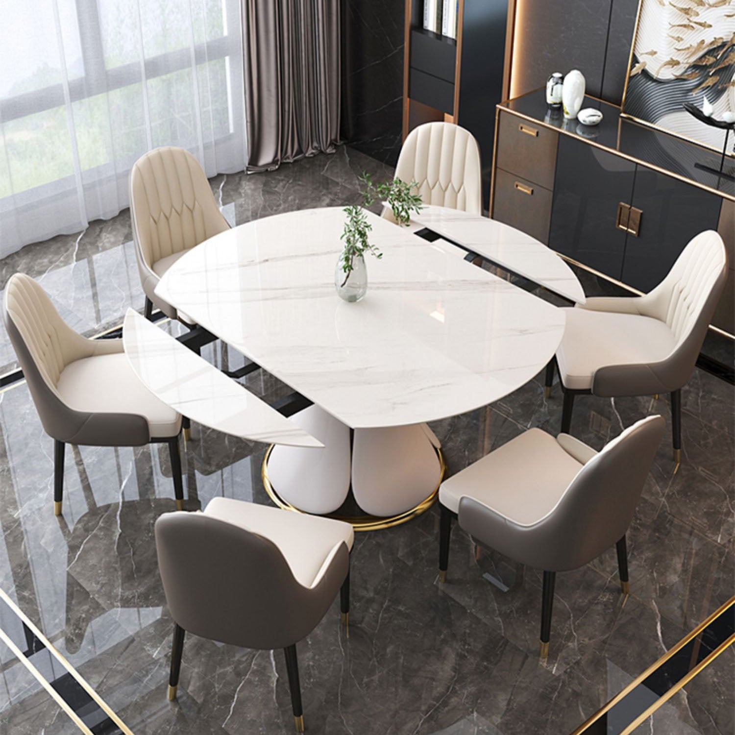 Glam Leather Dinette Set 1/2/5/7 Pieces Scalable Dining Table Set with Sintered Stone Top Clearhalo 'Dining Room Sets' 'Dining Tables & Seating' 'dining_room_set' 'furn' 'furn_dining_room_set' 'Furniture' 'furniture_dining_room_set' 'Kitchen & Dining Furniture' 5003848