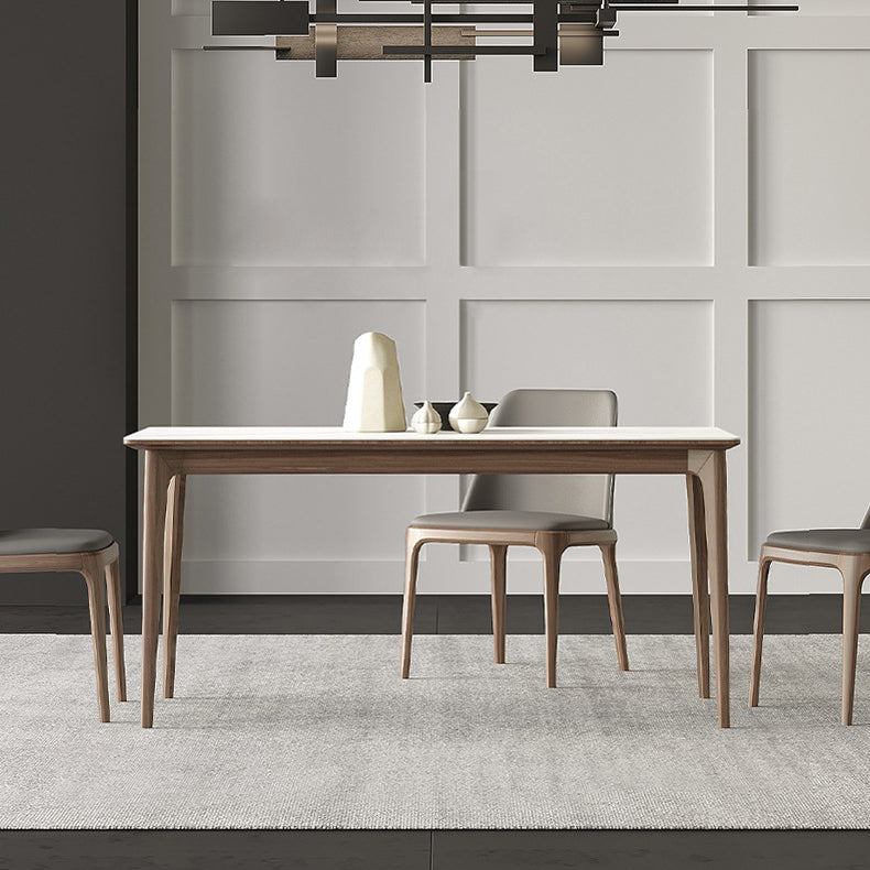 White Stone Top Table Mid-Century Modern Rectangle Table with 4 Wood Legs Brown 55.1"L x 31.5"W x 29.5"H Without Chairs Clearhalo 'Dining Tables & Seating' 'Dining Tables' 'dining_table' 'furn' 'furn_dining_table' 'Furniture' 'furniture_dining_table' 'Kitchen & Dining Furniture' 'kitchen' 'kitchen_dining_table' 5004172