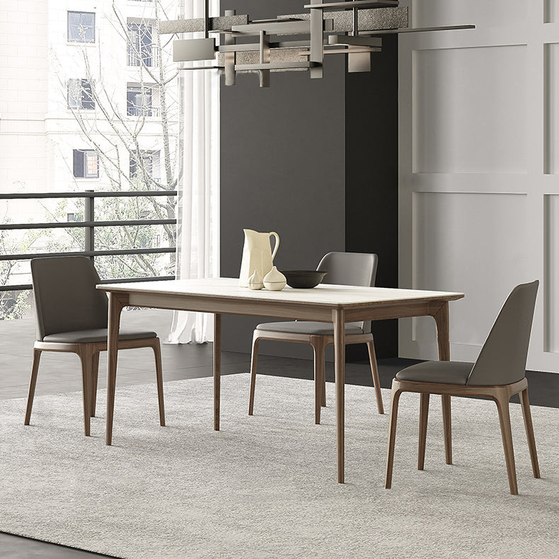 White Stone Top Table Mid-Century Modern Rectangle Table with 4 Wood Legs Brown 70.9"L x 35.4"W x 29.5"H Without Chairs Clearhalo 'Dining Tables & Seating' 'Dining Tables' 'dining_table' 'furn' 'furn_dining_table' 'Furniture' 'furniture_dining_table' 'Kitchen & Dining Furniture' 'kitchen' 'kitchen_dining_table' 5004173