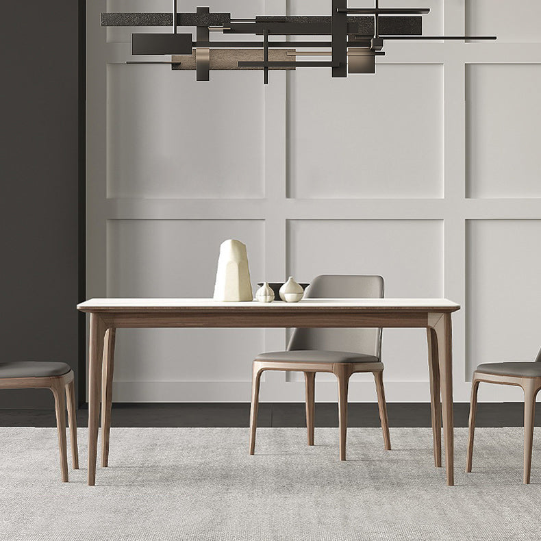 White Stone Top Table Mid-Century Modern Rectangle Table with 4 Wood Legs Brown 59.1"L x 31.5"W x 29.5"H Without Chairs Clearhalo 'Dining Tables & Seating' 'Dining Tables' 'dining_table' 'furn' 'furn_dining_table' 'Furniture' 'furniture_dining_table' 'Kitchen & Dining Furniture' 'kitchen' 'kitchen_dining_table' 5004174