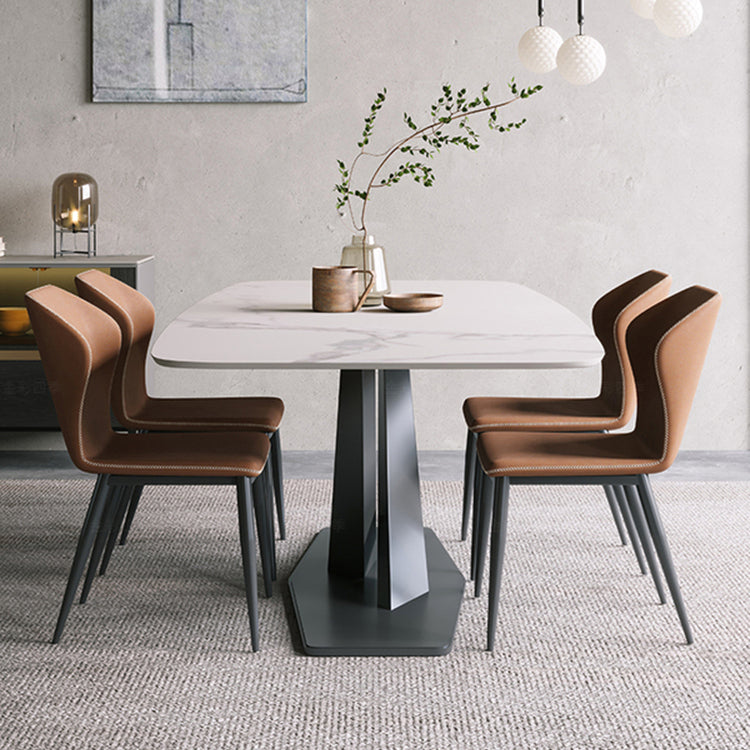 Modern Pedestal Casual Dining Table Stone and Metal Dining Room Kitchen Table White 55.1"L x 31.5"W x 29.5"H Without Chairs Clearhalo 'Dining Tables & Seating' 'Dining Tables' 'dining_table' 'furn' 'furn_dining_table' 'Furniture' 'furniture_dining_table' 'Kitchen & Dining Furniture' 'kitchen' 'kitchen_dining_table' 5004200