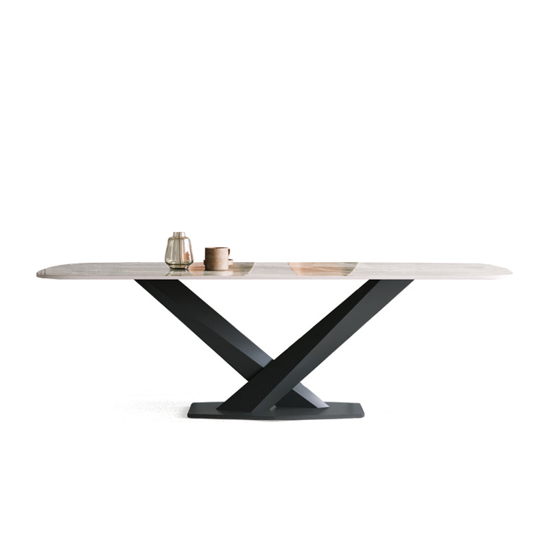 Modern Pedestal Casual Dining Table Stone and Metal Dining Room Kitchen Table White 70.9"L x 35.4"W x 29.5"H Without Chairs Clearhalo 'Dining Tables & Seating' 'Dining Tables' 'dining_table' 'furn' 'furn_dining_table' 'Furniture' 'furniture_dining_table' 'Kitchen & Dining Furniture' 'kitchen' 'kitchen_dining_table' 5004204