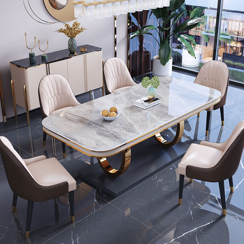 Stone Top Dining Table Traditional Luxury Table with Pedestal Base in Gold Grey Without Chairs Clearhalo 'Dining Tables & Seating' 'Dining Tables' 'dining_table' 'furn' 'furn_dining_table' 'Furniture' 'furniture_dining_table' 'Kitchen & Dining Furniture' 'kitchen' 'kitchen_dining_table' 5004212
