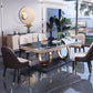 Stone Top Dining Table Traditional Luxury Table with Pedestal Base in Gold Black 63"L x 35.4"W x 29.5"H Without Chairs Clearhalo 'Dining Tables & Seating' 'Dining Tables' 'dining_table' 'furn' 'furn_dining_table' 'Furniture' 'furniture_dining_table' 'Kitchen & Dining Furniture' 'kitchen' 'kitchen_dining_table' 5004213
