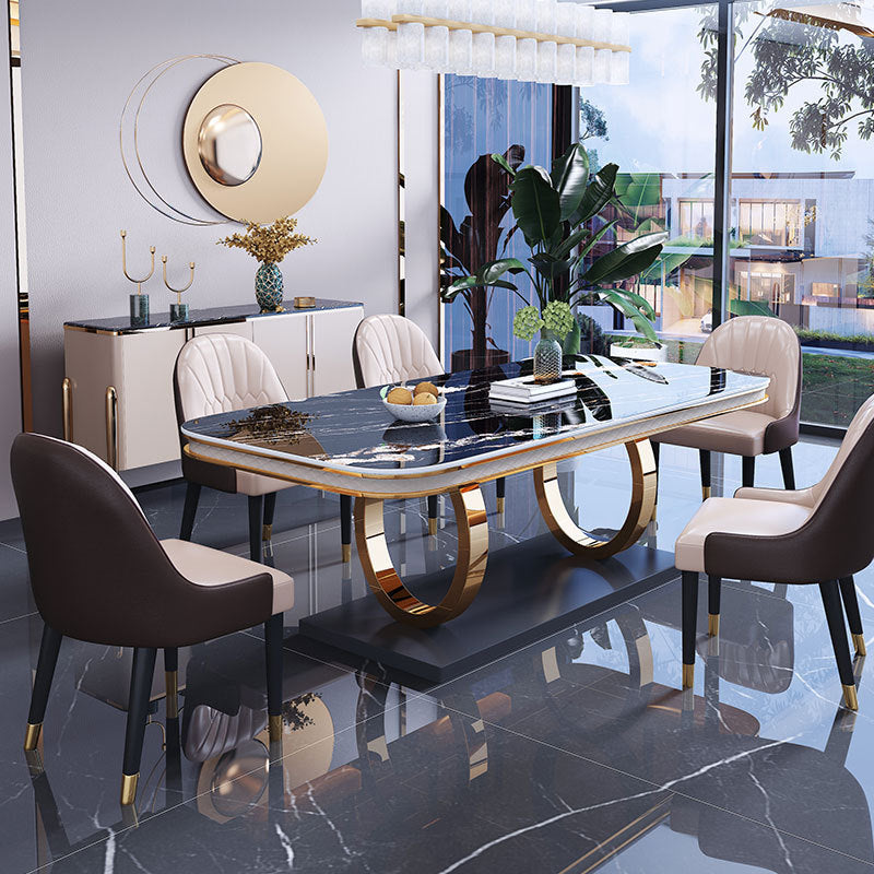 Stone Top Dining Table Traditional Luxury Table with Pedestal Base in Gold Black 63"L x 35.4"W x 29.5"H Without Chairs Clearhalo 'Dining Tables & Seating' 'Dining Tables' 'dining_table' 'furn' 'furn_dining_table' 'Furniture' 'furniture_dining_table' 'Kitchen & Dining Furniture' 'kitchen' 'kitchen_dining_table' 5004213