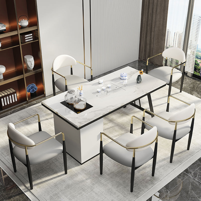 Metal Double Pedestal Table Modern Stone Top Rectangle Counter Dining Table White 51.2"L x 27.6"W x 29.5"H Without Chairs Clearhalo 'Dining Tables & Seating' 'Dining Tables' 'dining_table' 'furn' 'furn_dining_table' 'Furniture' 'furniture_dining_table' 'Kitchen & Dining Furniture' 'kitchen' 'kitchen_dining_table' 5004239