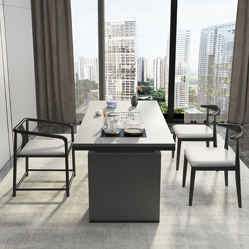 Metal Double Pedestal Table Modern Stone Top Rectangle Counter Dining Table White 62.2"L x 31.5"W x 29.5"H Without Chairs Clearhalo 'Dining Tables & Seating' 'Dining Tables' 'dining_table' 'furn' 'furn_dining_table' 'Furniture' 'furniture_dining_table' 'Kitchen & Dining Furniture' 'kitchen' 'kitchen_dining_table' 5004241
