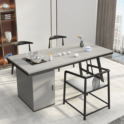 Metal Double Pedestal Table Modern Stone Top Rectangle Counter Dining Table Grey Without Chairs Clearhalo 'Dining Tables & Seating' 'Dining Tables' 'dining_table' 'furn' 'furn_dining_table' 'Furniture' 'furniture_dining_table' 'Kitchen & Dining Furniture' 'kitchen' 'kitchen_dining_table' 5004242